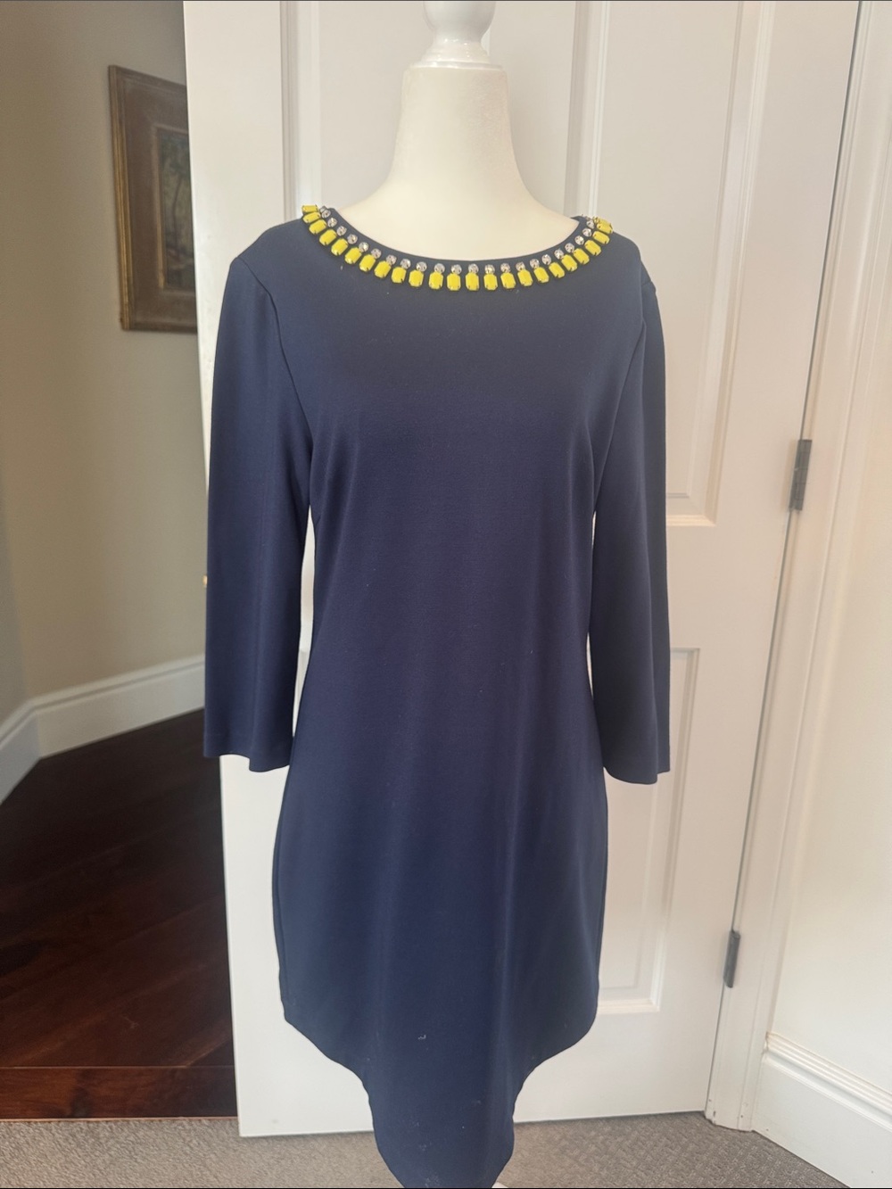 Trina Turk Navy Dress with Yellow Beaded Neckline